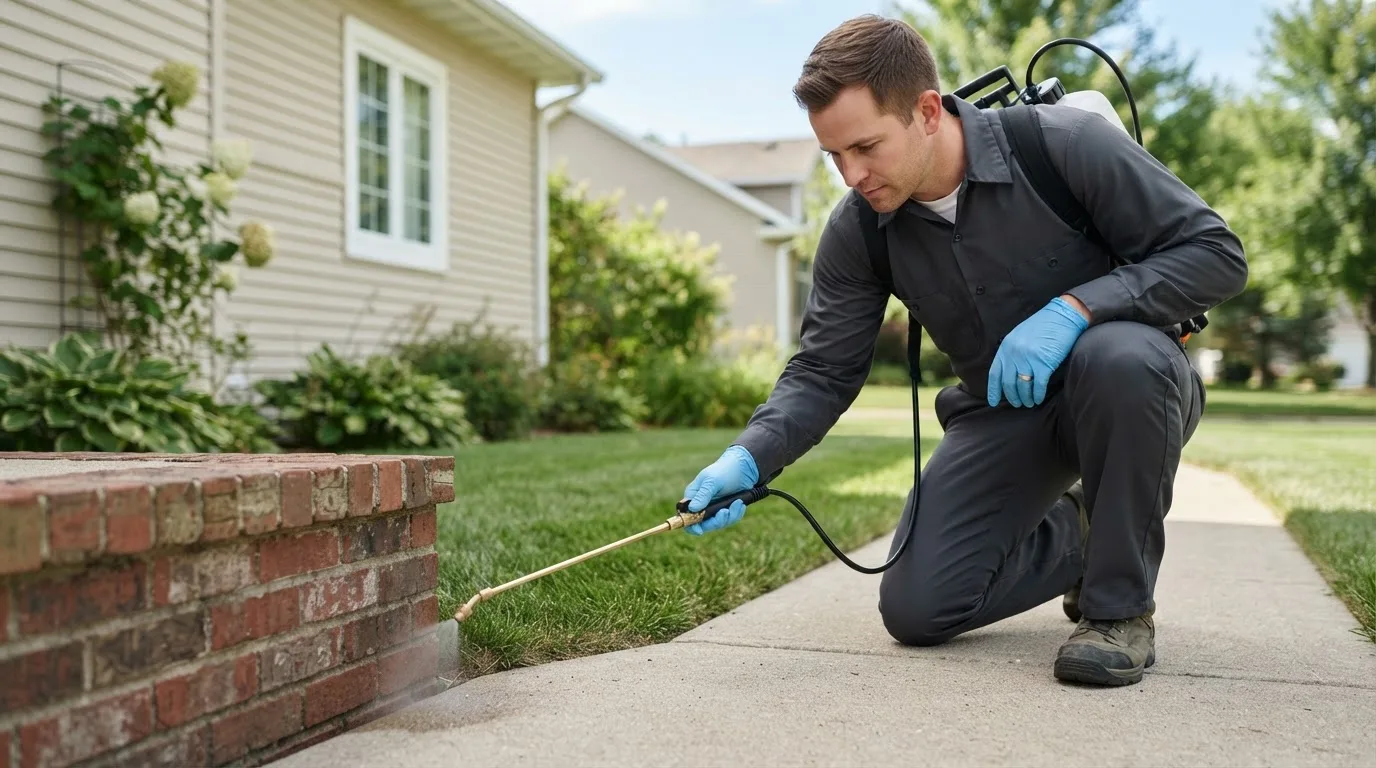Pest control technician treating a home near Needham Heights, MA